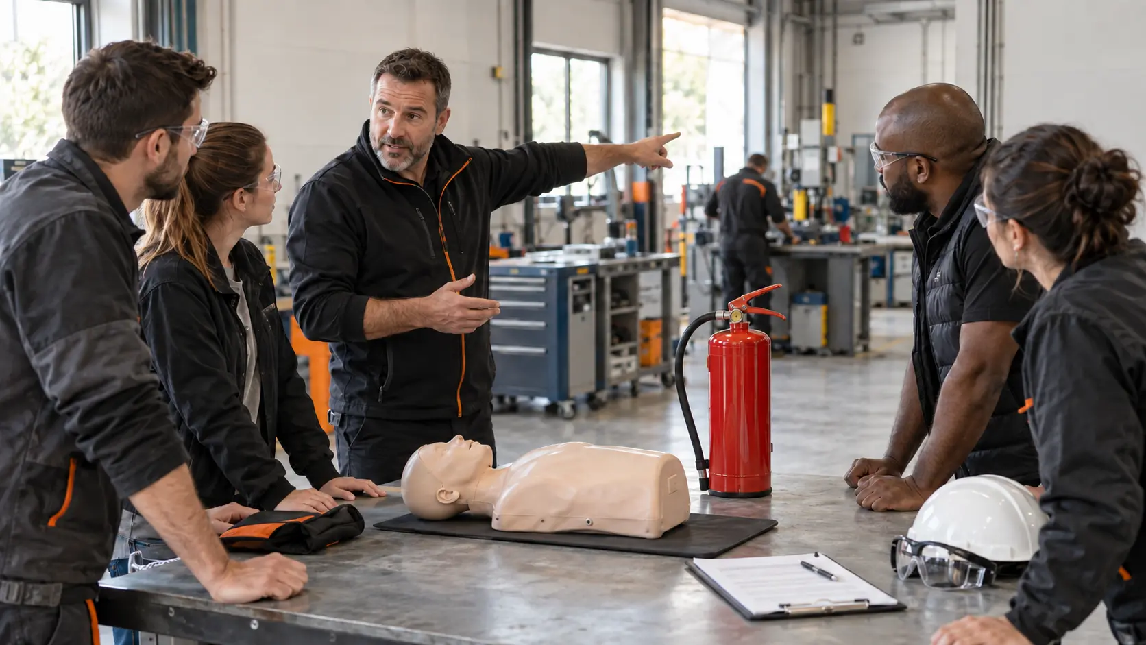 Formateur QSE échangeant avec des salariés autour d’un mannequin de secourisme et d’un extincteur