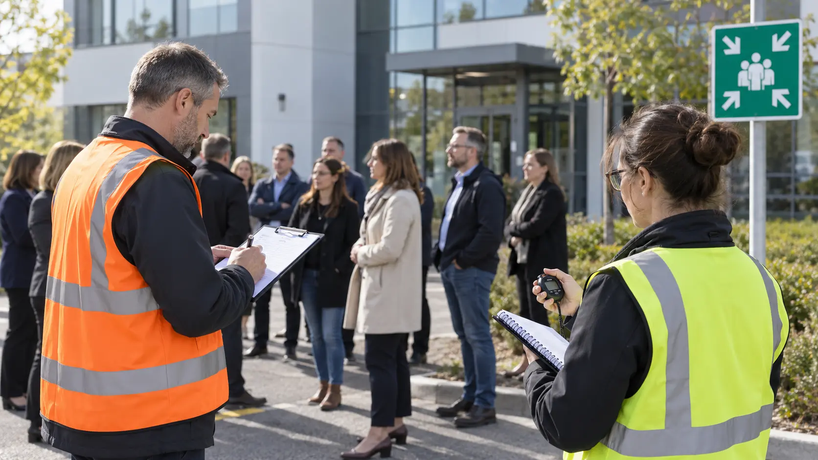 Contrôle des effectifs et observation au point de rassemblement pendant un exercice d’évacuation